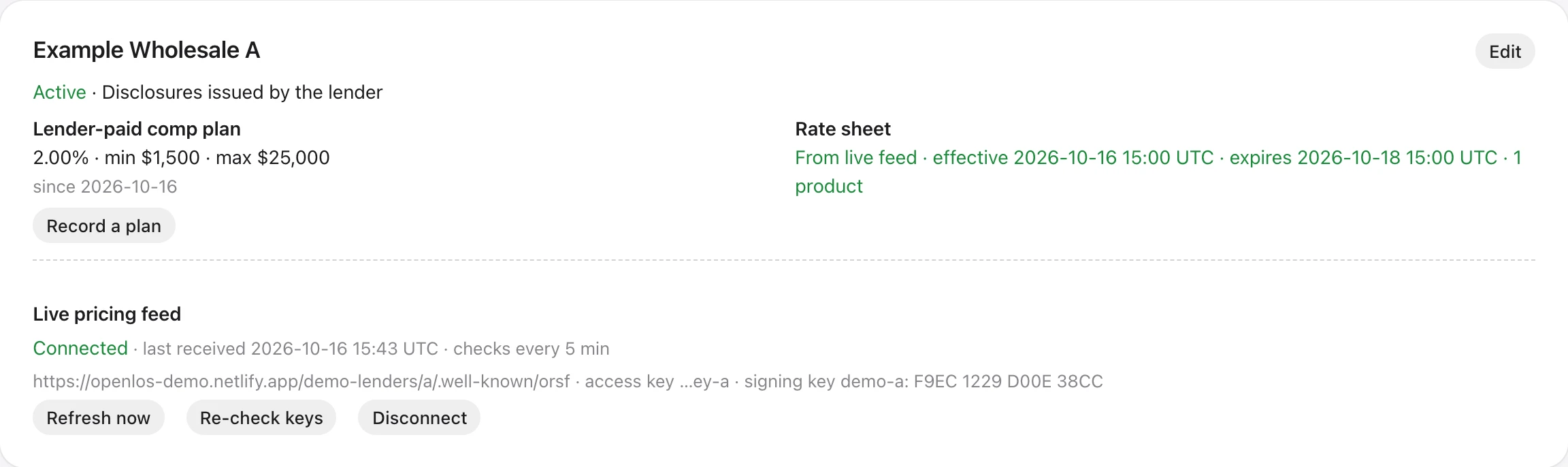 A lender connected by a live, signed pricing feed