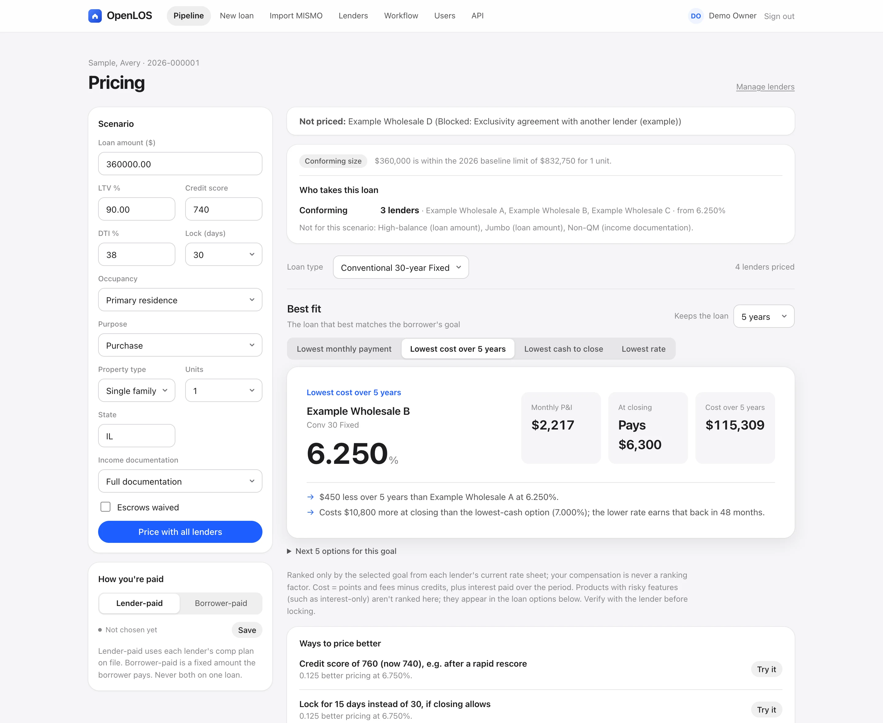 OpenLOS pricing: the loan that best fits the borrower's goal, with the reason in dollars